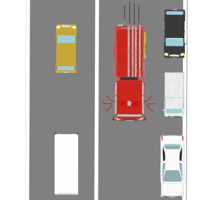 消防車と路肩に一時停止する車のイラスト