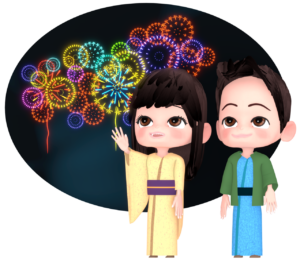 打ち上げ花火とカップルのイラスト