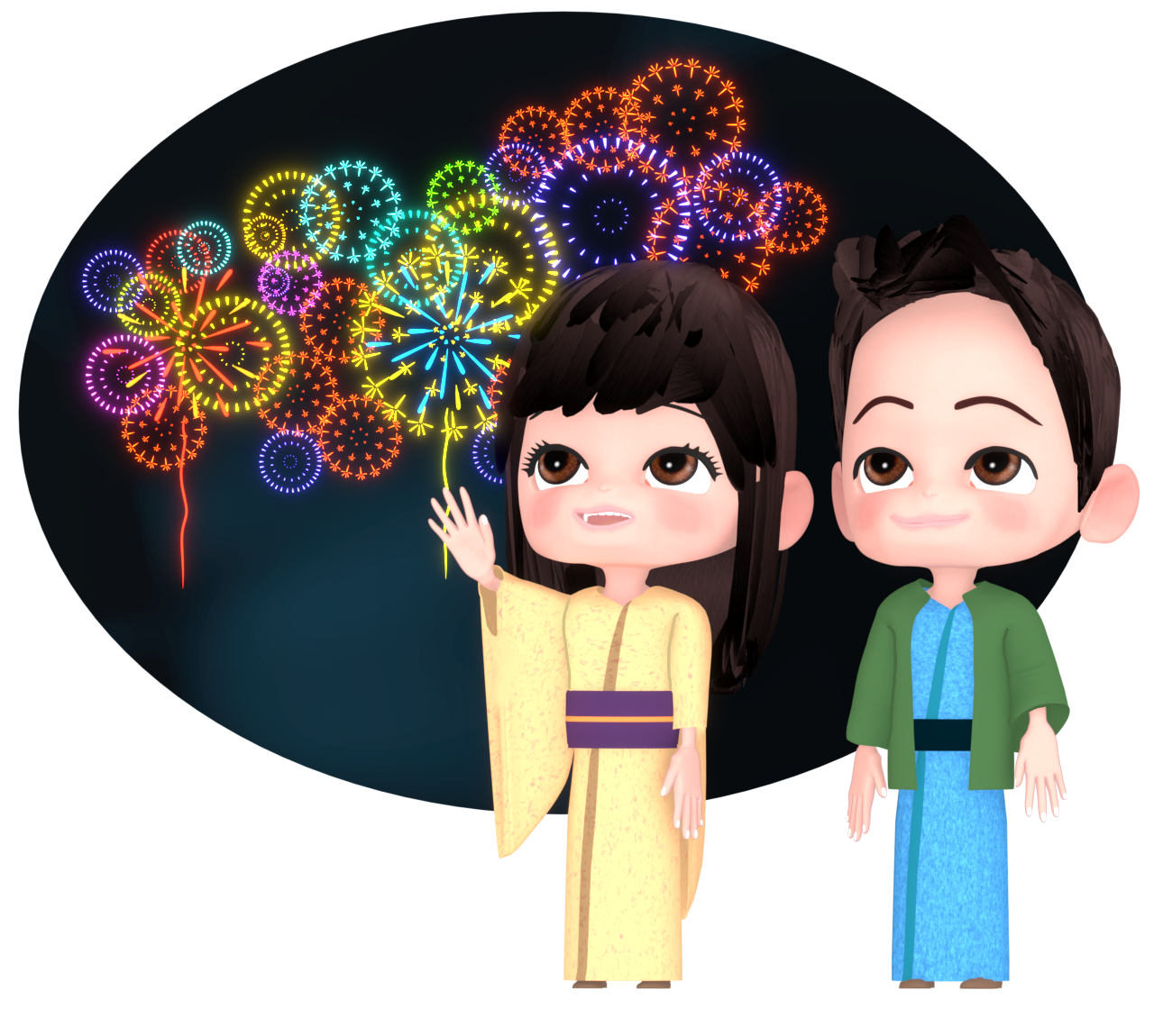 打ち上げ花火とカップルのイラスト