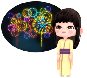 花火大会と女性のイラスト