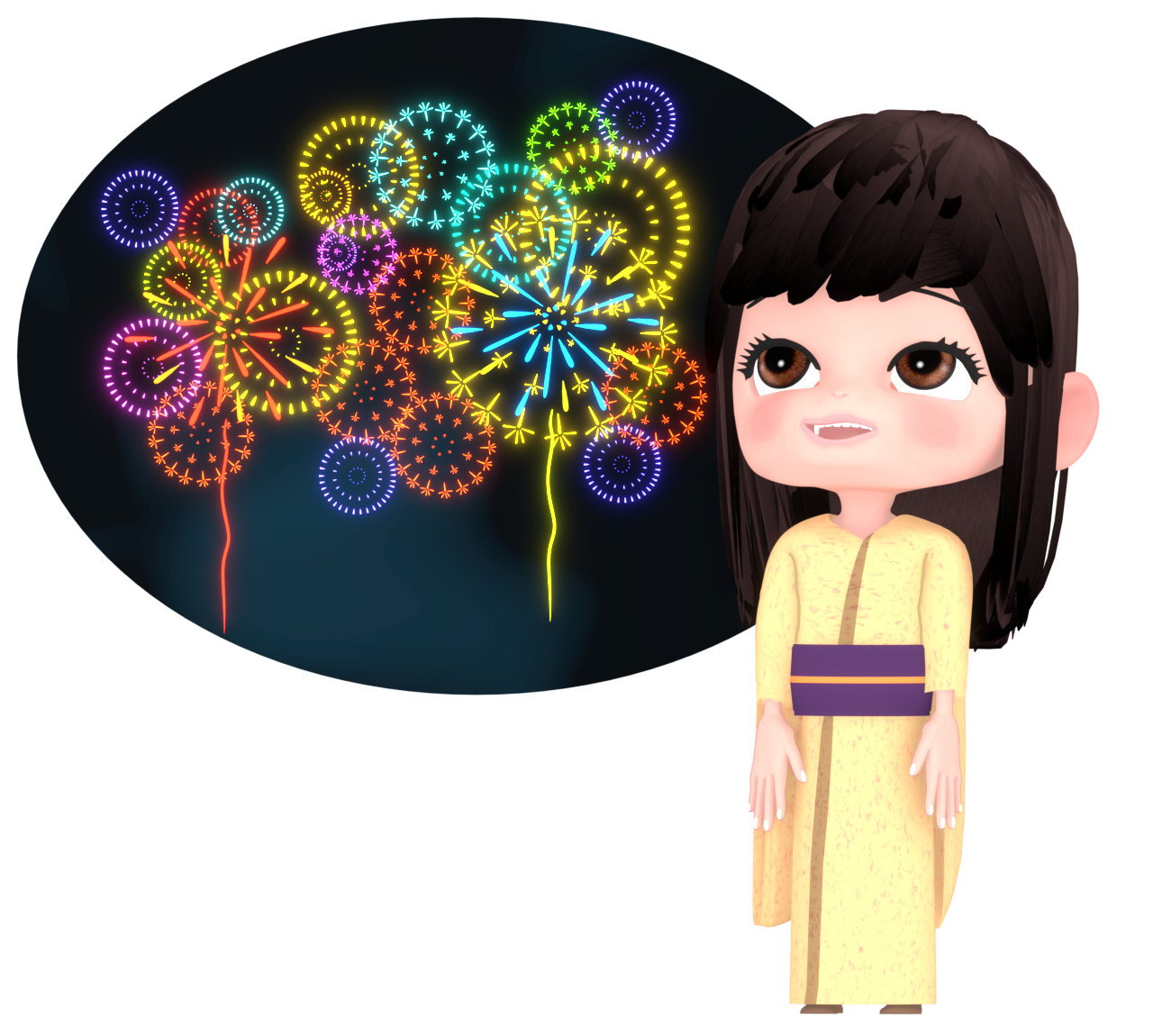 花火大会と女性のイラスト