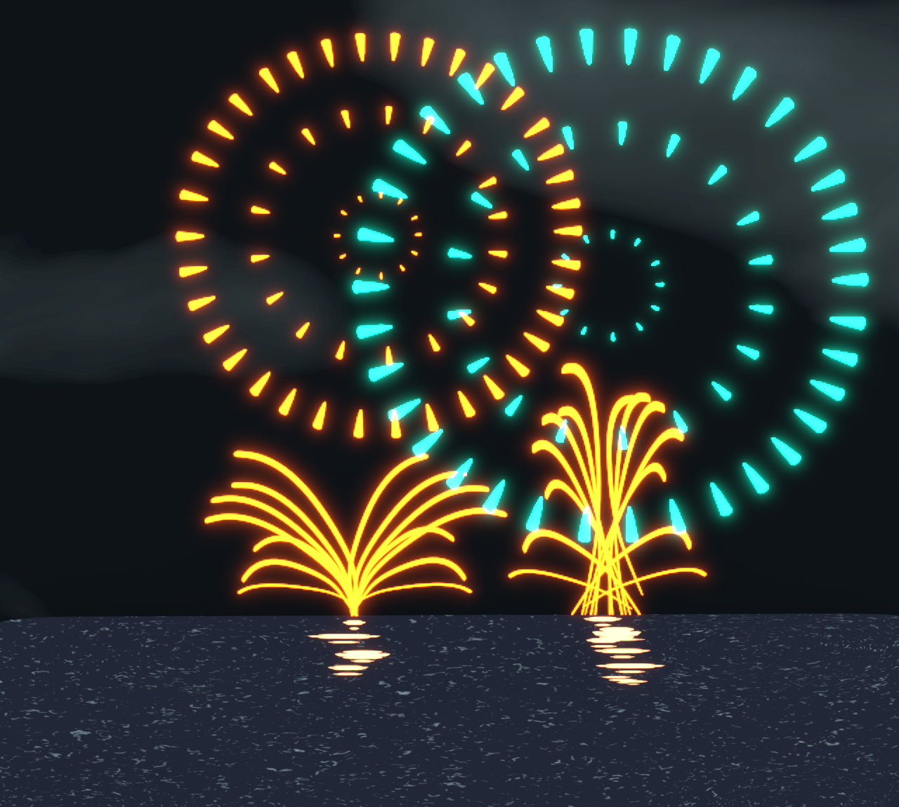 海に上がる打ち上げ花火のイラスト