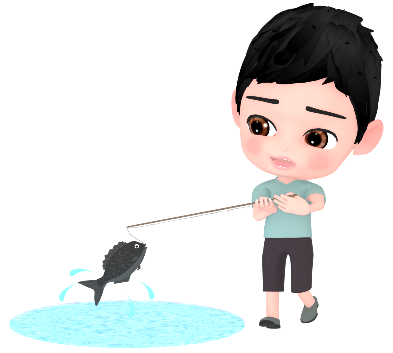 魚釣りをする男の子のイラスト