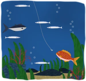 海の中の魚と釣りのイラスト