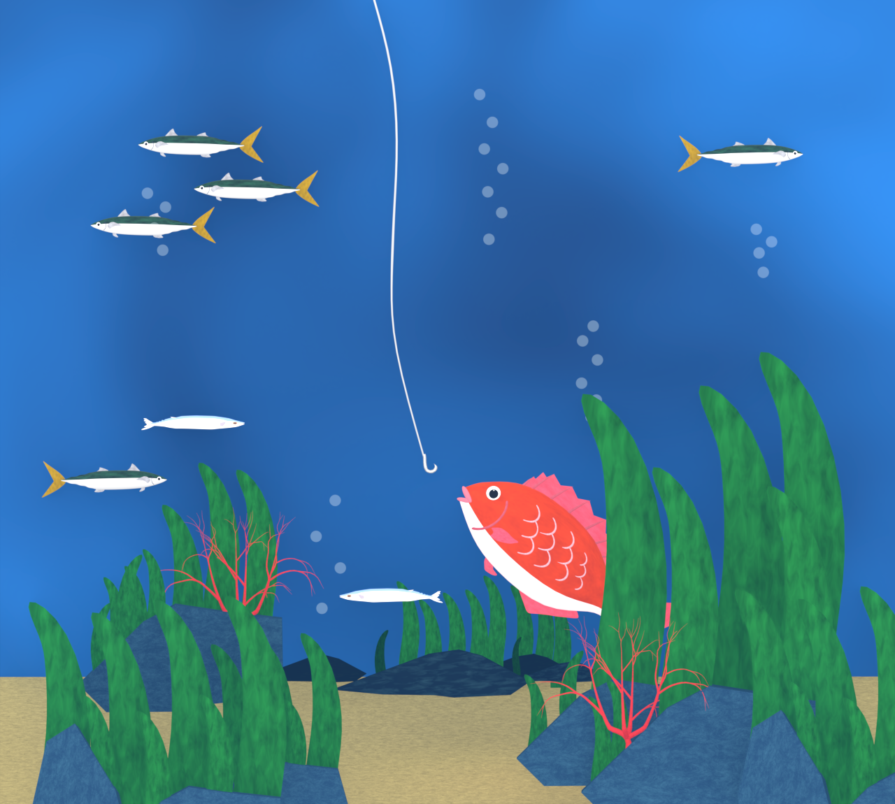 海の中の魚と釣りのイラスト