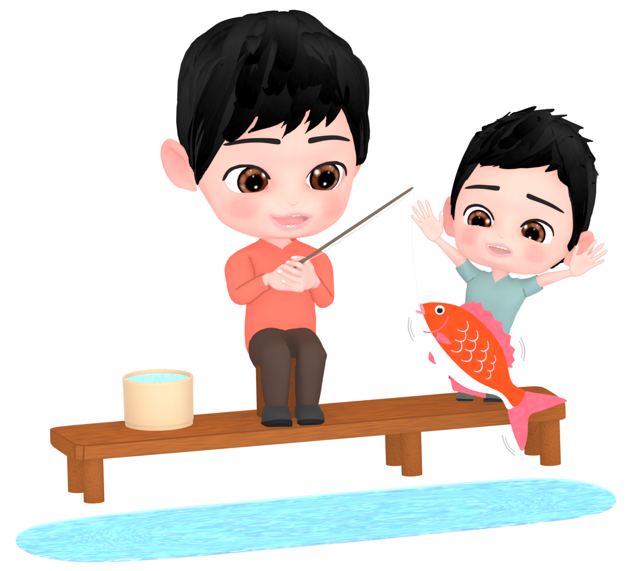 釣り堀の大人と子どものイラスト