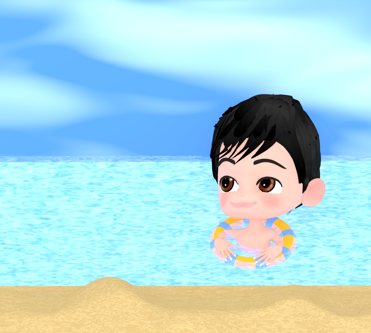 浮き輪で海に浮かぶ男の子のイラスト