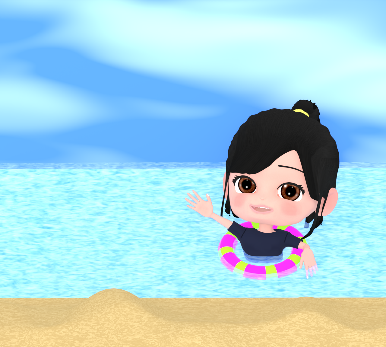 浮き輪で浮かぶ女の子のイラスト