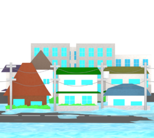 洪水で浸水をする住宅街のイラスト