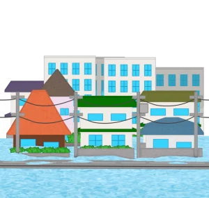 洪水で浸水する住宅街のイラスト