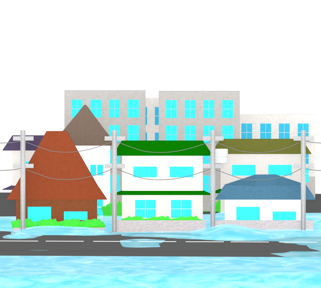洪水で浸水をする住宅街のイラスト