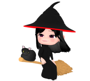 空を飛ぶ黒猫と魔法使いのイラスト