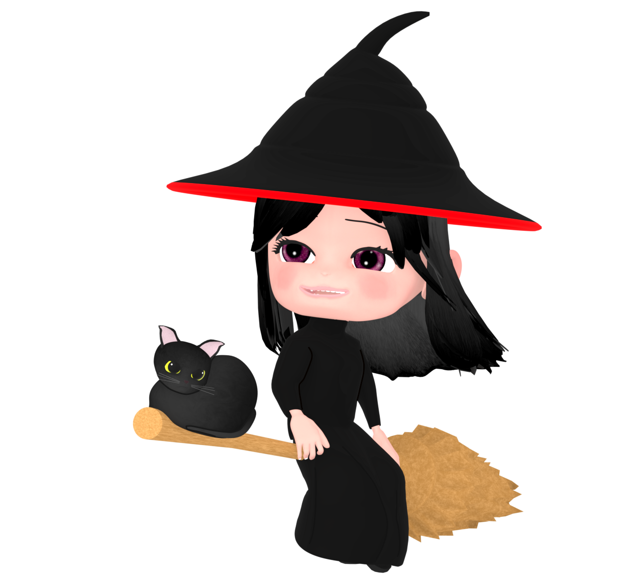 空を飛ぶ黒猫と魔法使いのイラスト