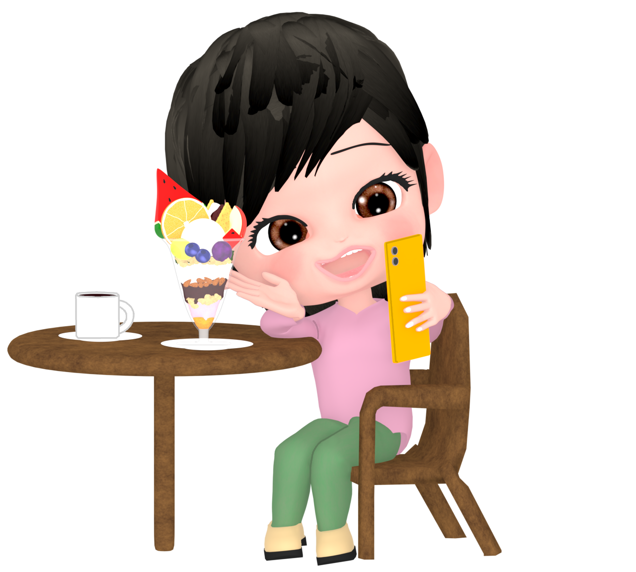 食べ物と自撮りをする女性のイラスト