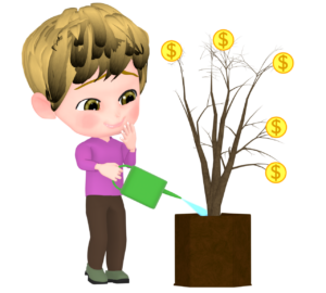 嬉しそうに金のなる木に水をやる外国人のイラスト