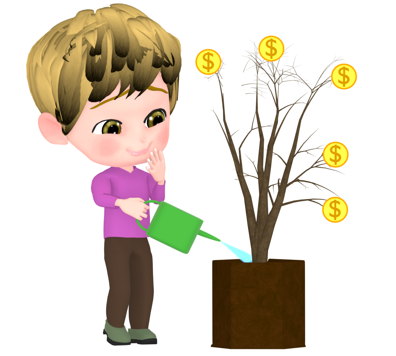 嬉しそうに金のなる木に水をやる外国人のイラスト