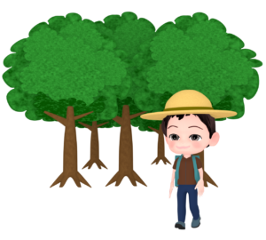 森でハイキングをする男性のイラスト