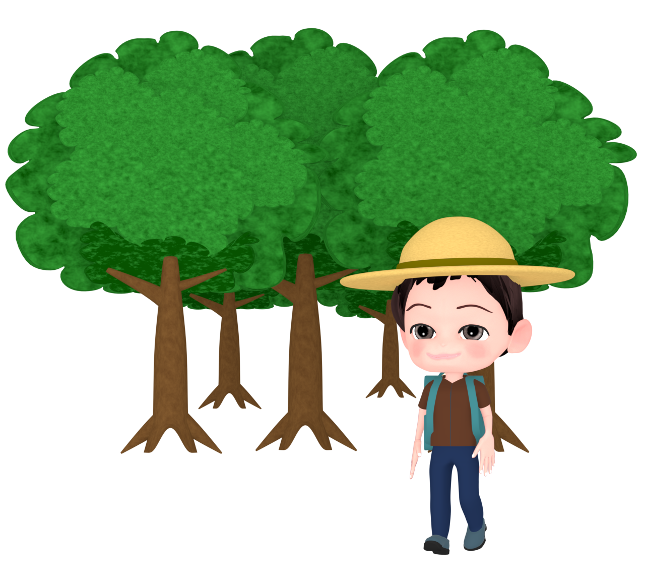 森でハイキングをする男性のイラスト