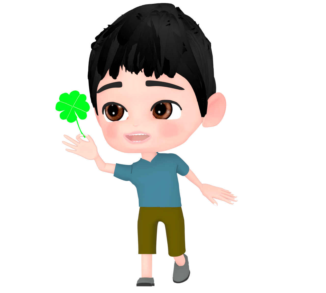 四つ葉のクローバーを見つけて喜ぶ男の子のイラスト