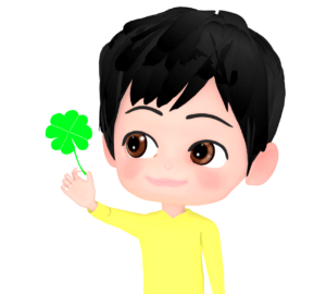四つ葉のクローバーを見つめる男性のイラスト