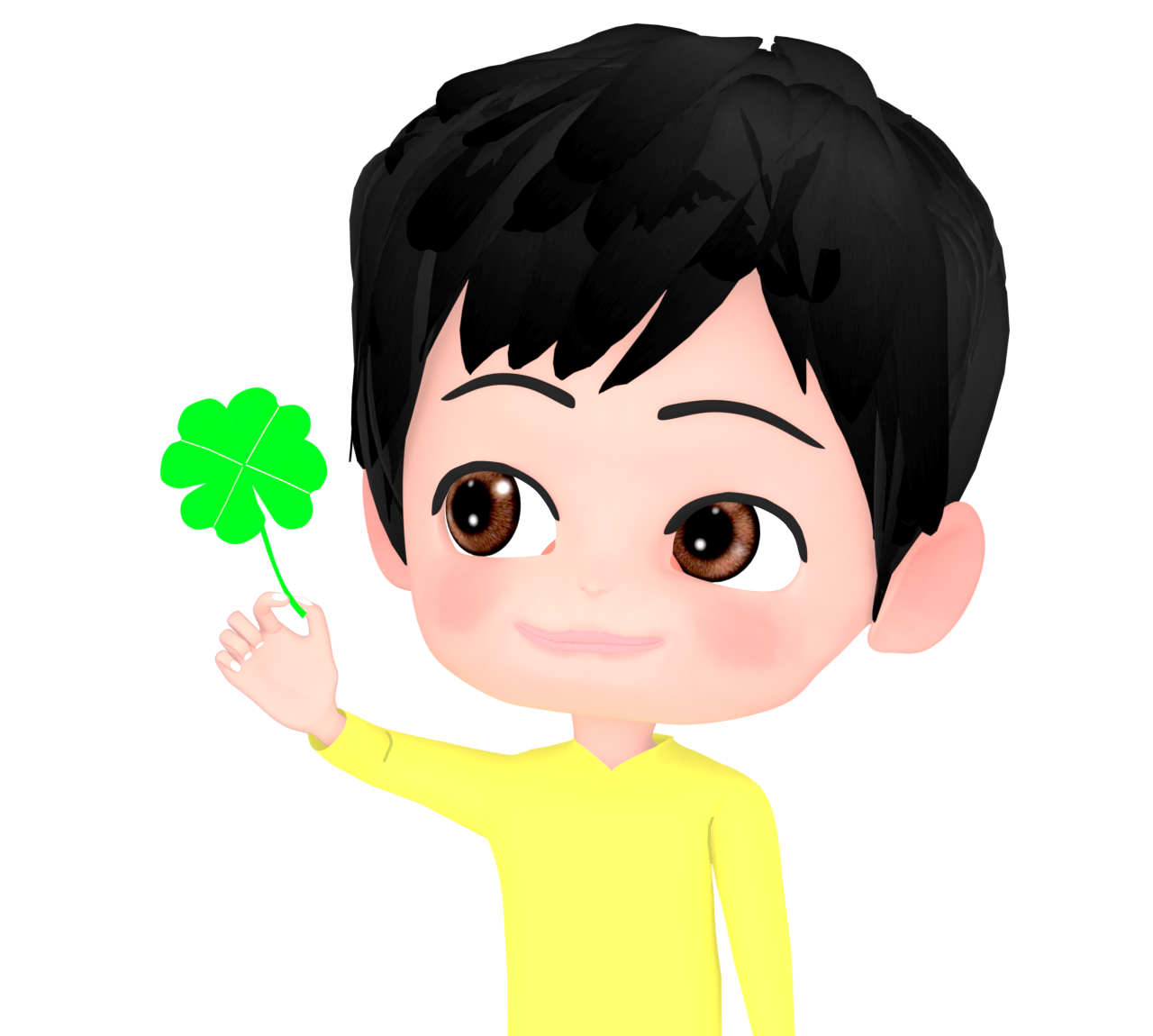 四つ葉のクローバーを見つめる男性のイラスト