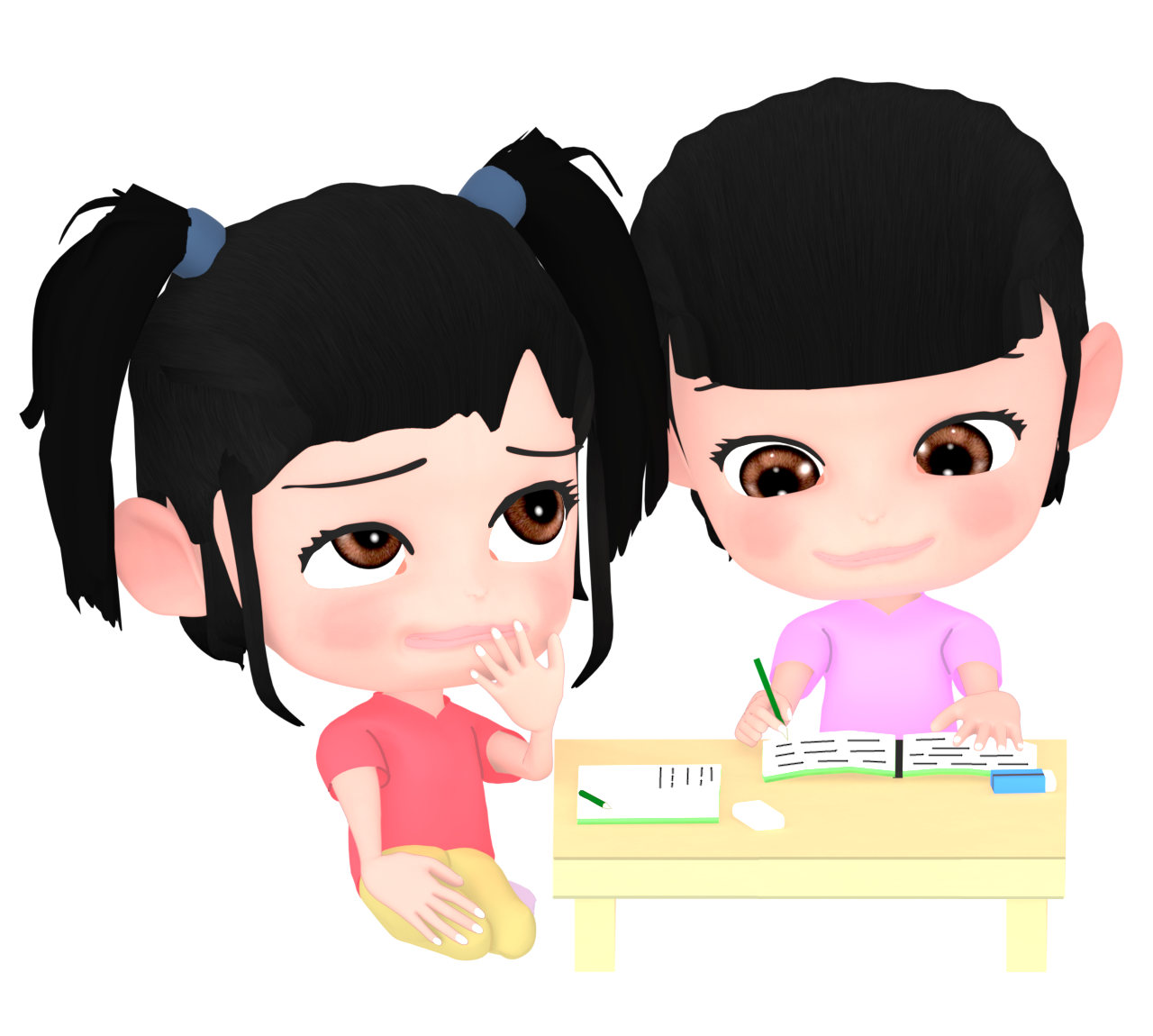 友達と宿題をする女の子のイラスト