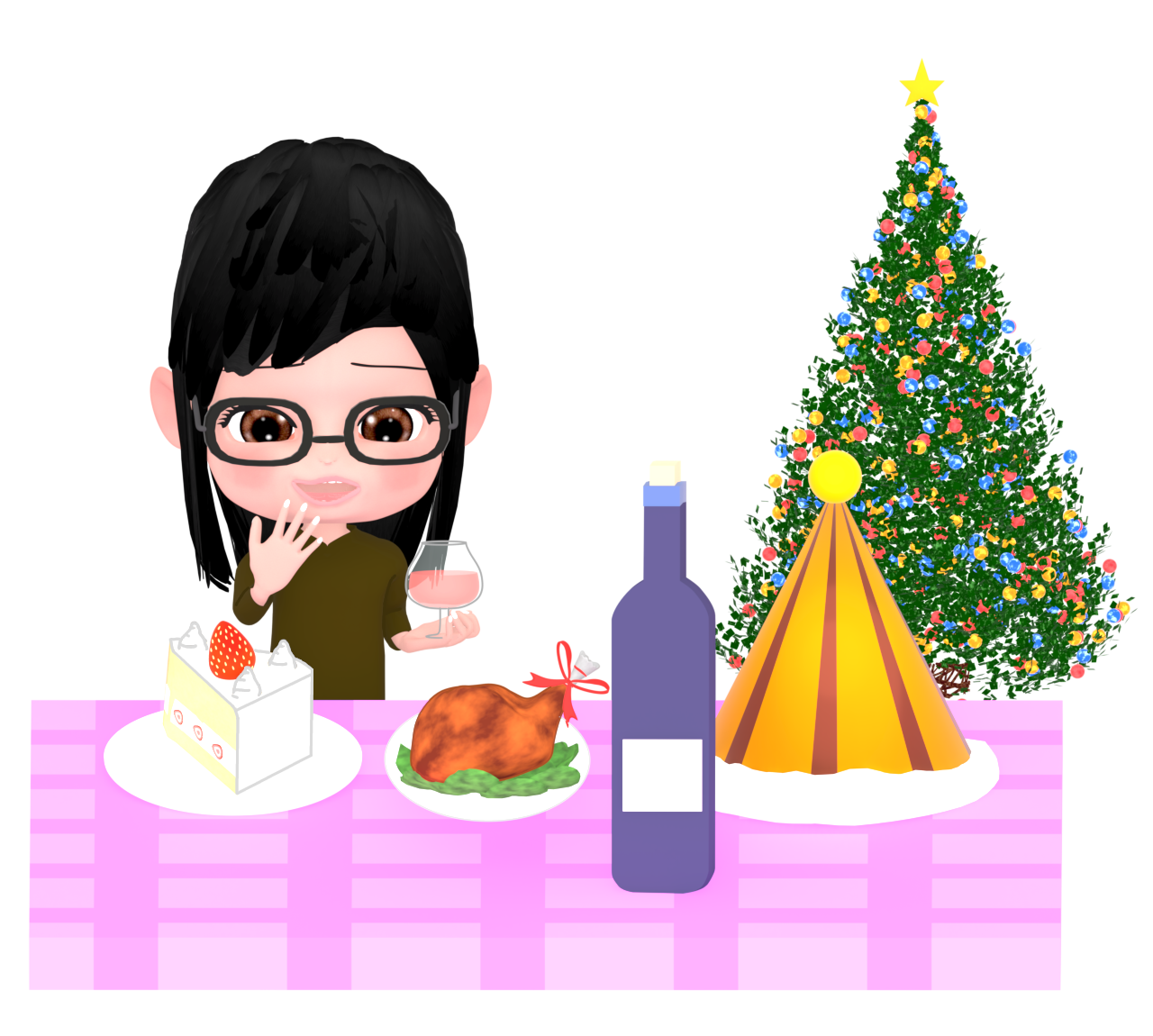 一人で楽しくクリスマスを祝う女性のイラスト