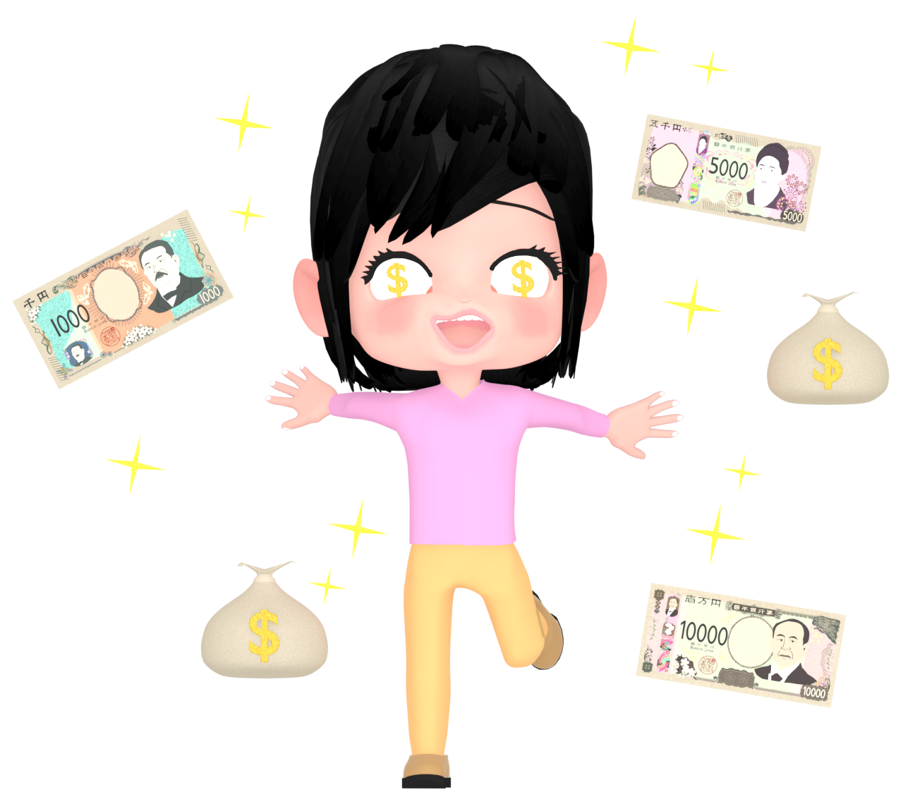 お金に目がくらんだ女性のイラスト
