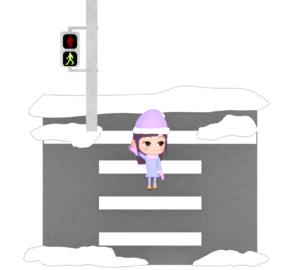 雪が積もる横断歩道を渡る女の子のイラスト