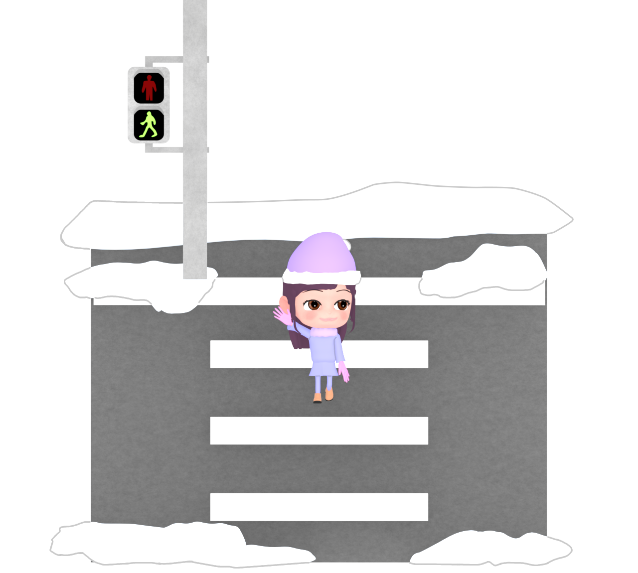 雪が積もる横断歩道を渡る女の子のイラスト