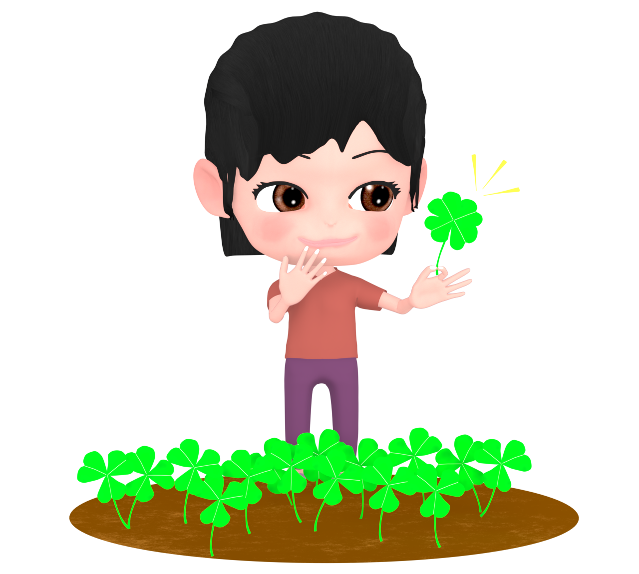 四つ葉のクローバーを見つける女の子のイラスト