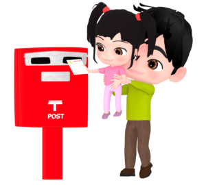 女の子を男性が抱えてポストに投函するイラスト