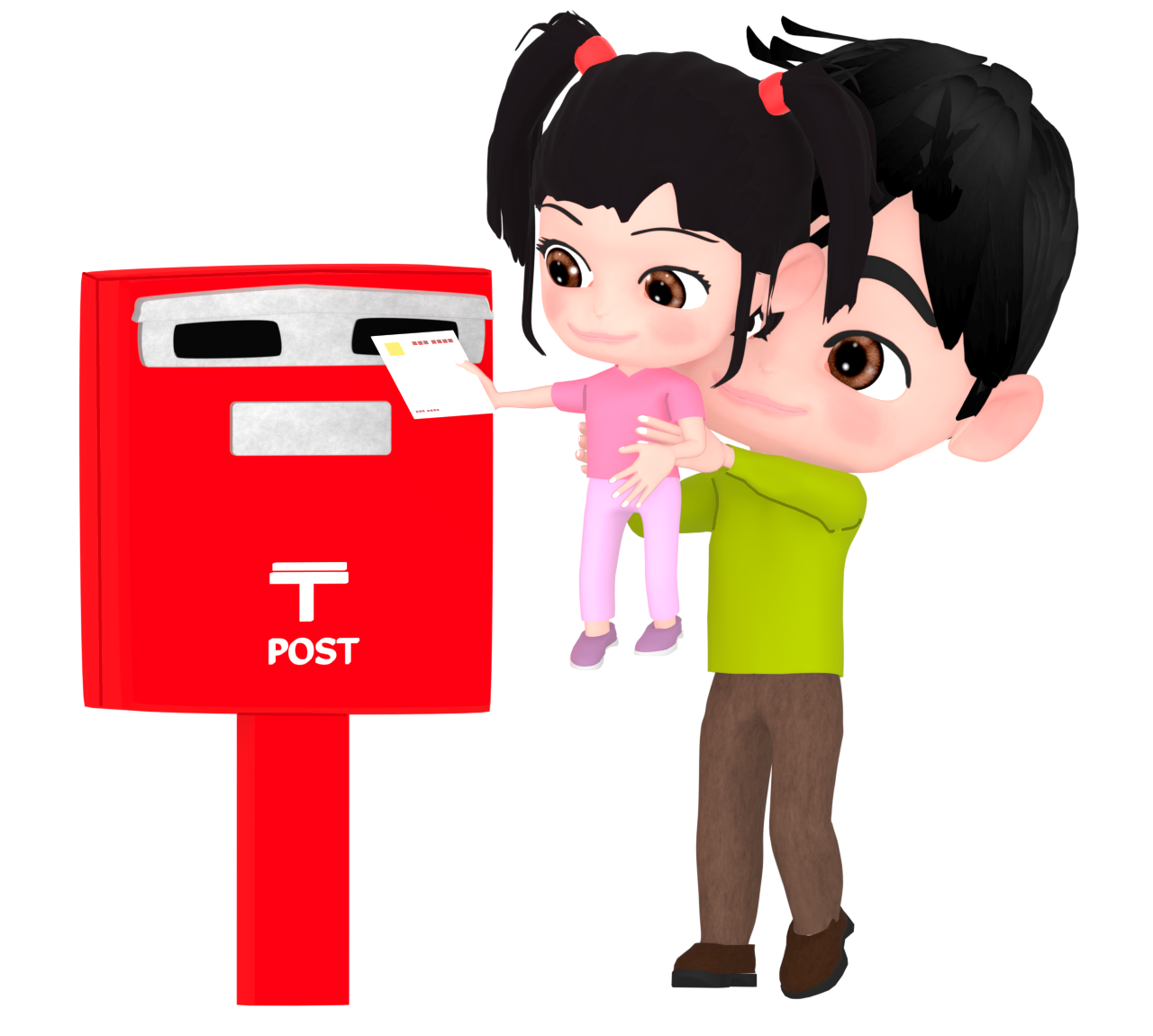 女の子を男性が抱えてポストに投函するイラスト