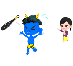 豆を鬼に投げる女の子のイラスト