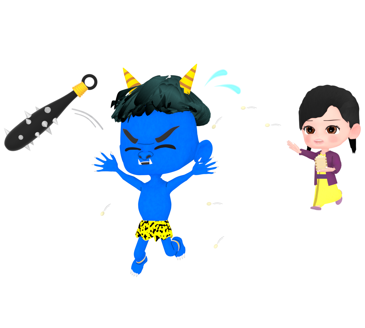 豆を鬼に投げる女の子のイラスト