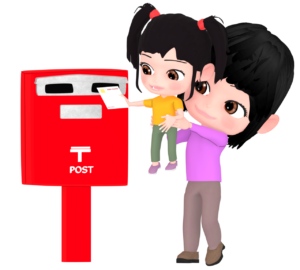 子供を女性が抱えてポストに投函をするイラスト
