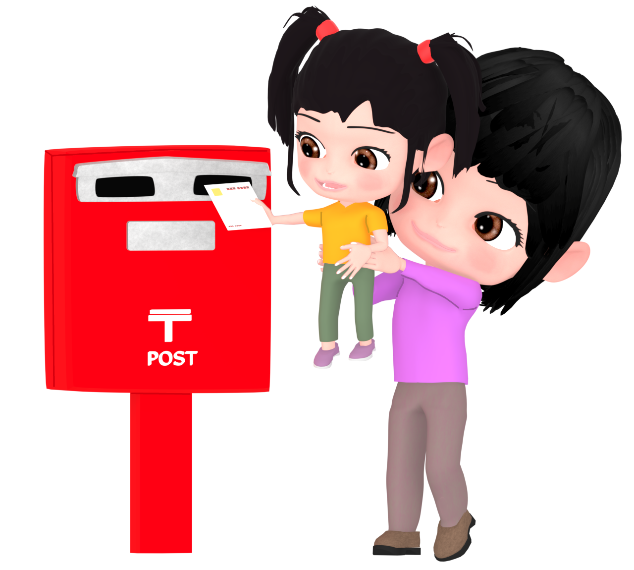子供を女性が抱えてポストに投函をするイラスト