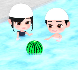 プールでボール遊びをする女の子と男の子のイラスト