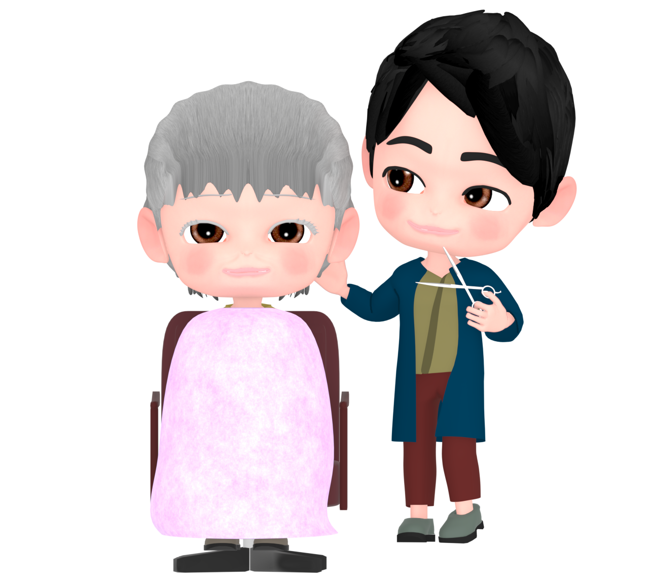 おばあちゃんの髪を切る美容師のイラスト