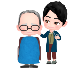 おじいちゃんの髪を切る美容師のイラスト