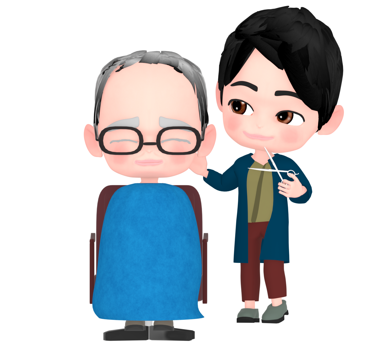 おじいちゃんの髪を切る美容師のイラスト