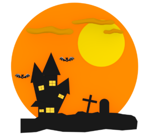 お墓の周りを飛ぶコウモリのイラスト