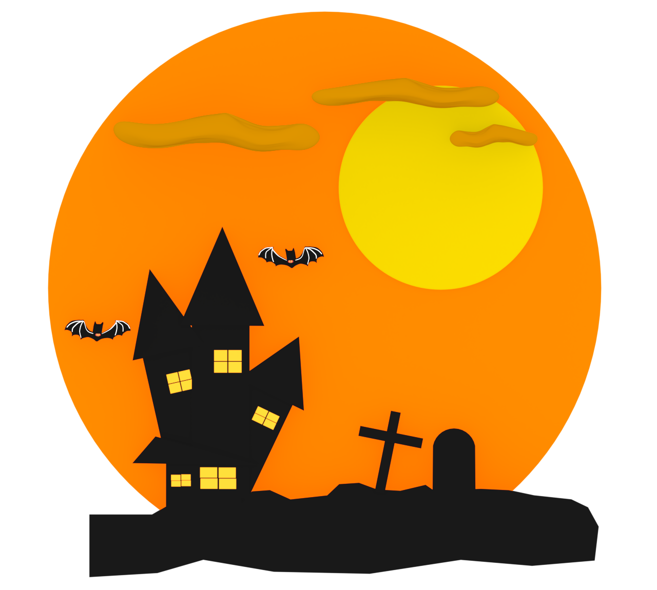 お墓の周りを飛ぶコウモリのイラスト