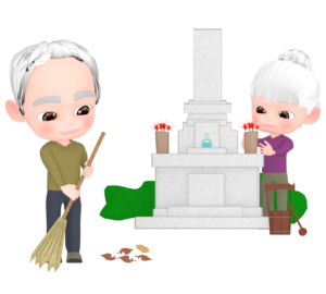 お墓を掃除する高齢者のイラスト