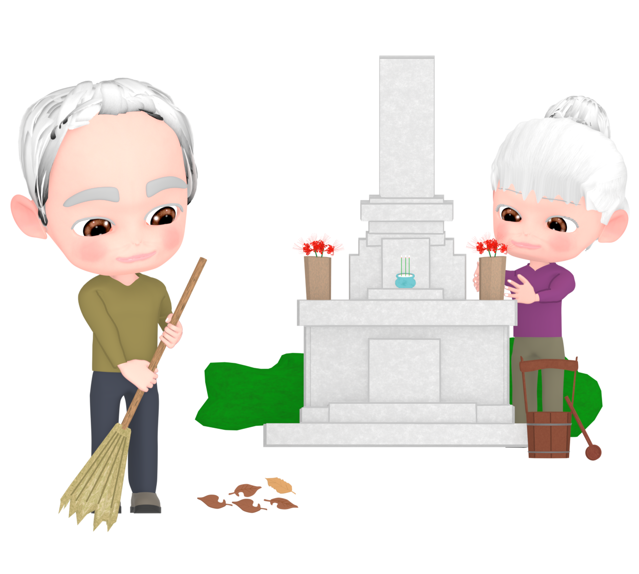 お墓を掃除する高齢者のイラスト