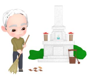 お墓を掃除するおじいちゃんのイラスト