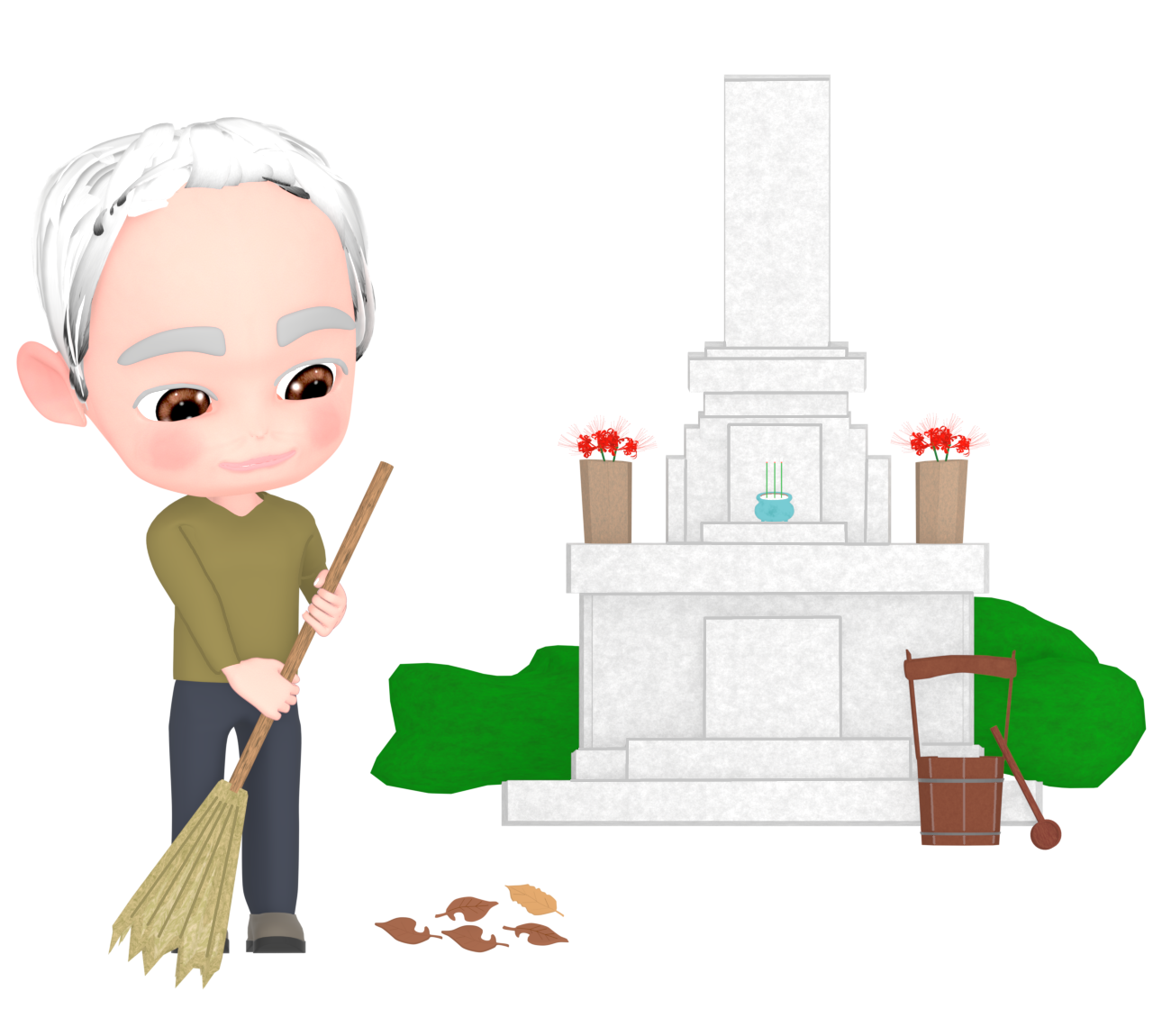 お墓を掃除するおじいちゃんのイラスト