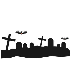 お墓を飛び回るコウモリのイラスト