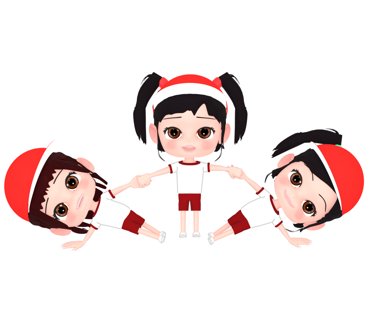 運動会の組体操で扇を作る子供のイラスト（赤組）