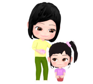 髪をセットする親子のイラスト